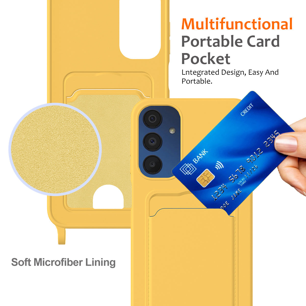 For Samsung Galaxy M14 4G Liquid Silicone Case with Card Holder and Lanyard Back Phone Cover - Yellow
