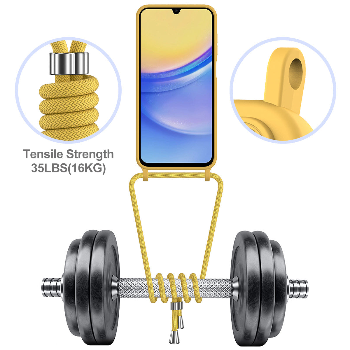 For Samsung Galaxy M14 4G Liquid Silicone Case with Card Holder and Lanyard Back Phone Cover - Yellow