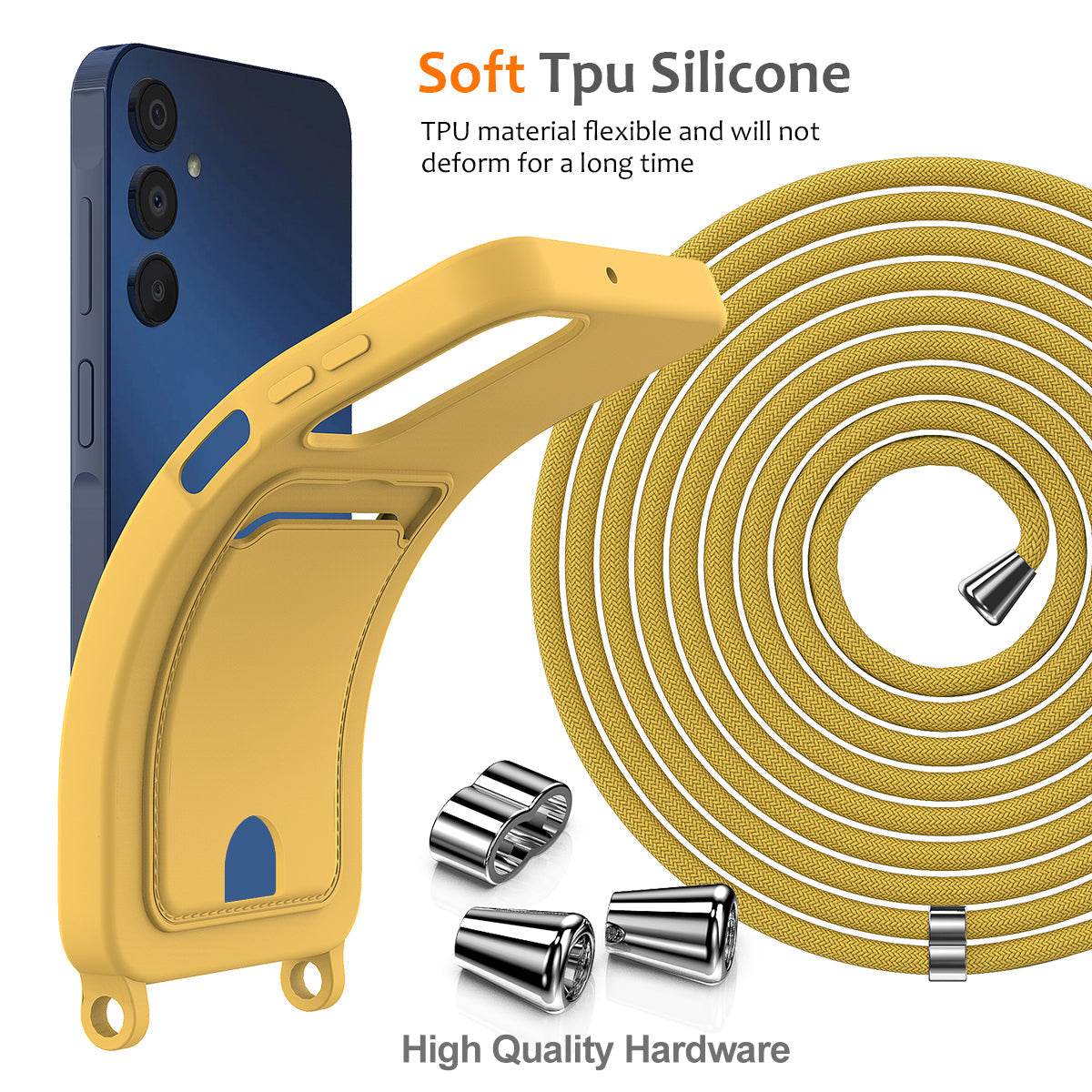 For Samsung Galaxy M14 4G Liquid Silicone Case with Card Holder and Lanyard Back Phone Cover - Yellow