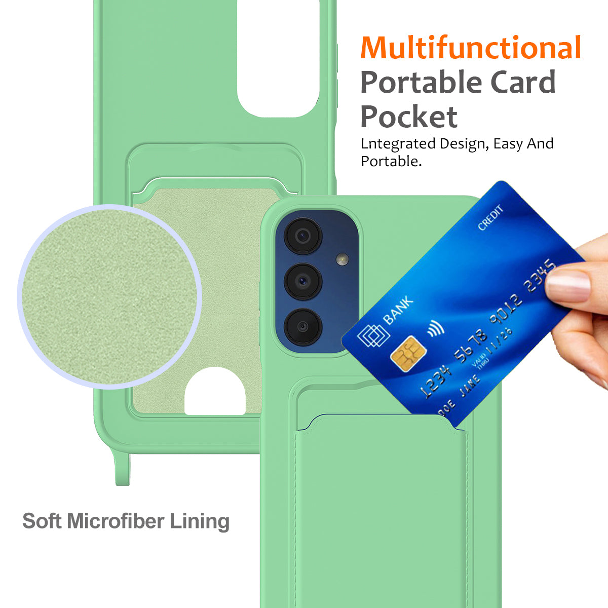 For Samsung Galaxy M14 4G Liquid Silicone Case with Card Holder and Lanyard Back Phone Cover - Green