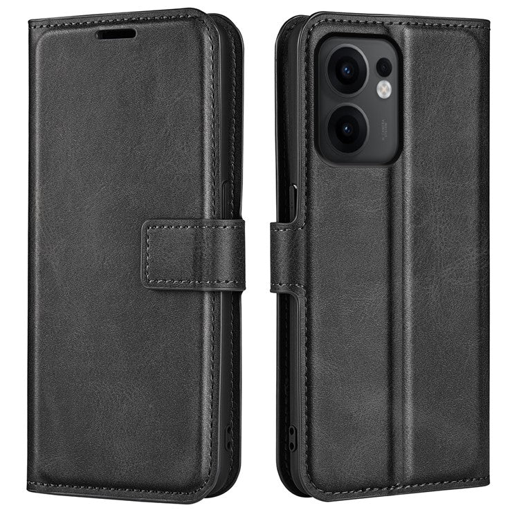 For Oppo Reno13 F 5G Stand Case Anti-Scratch Calf Texture Leather Phone Cover - Black