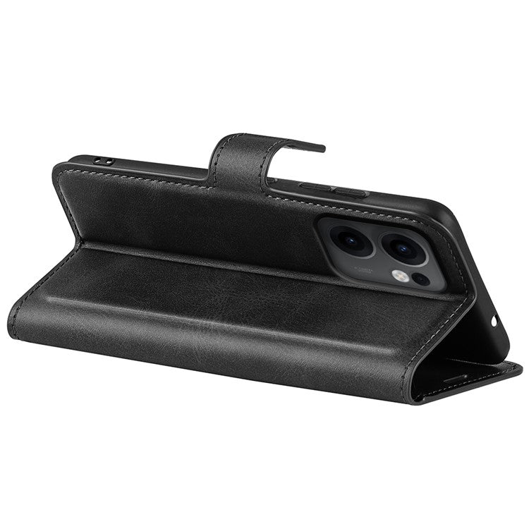 For Oppo Reno13 F 5G Stand Case Anti-Scratch Calf Texture Leather Phone Cover - Black