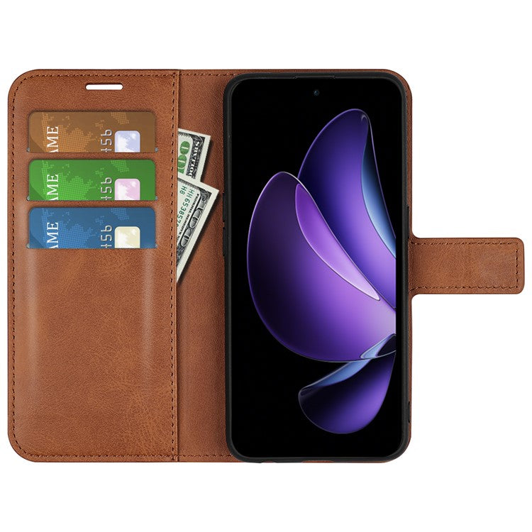 For Oppo Reno13 F 5G Stand Case Anti-Scratch Calf Texture Leather Phone Cover - Light Brown