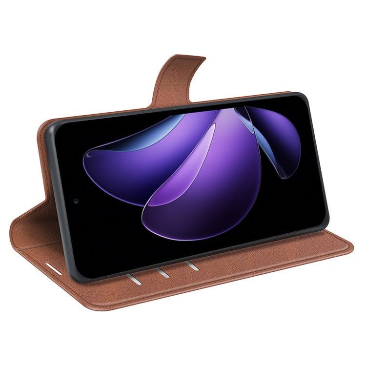 For Oppo Reno13 F 5G Stand Case Anti-Scratch Calf Texture Leather Phone Cover - Light Brown
