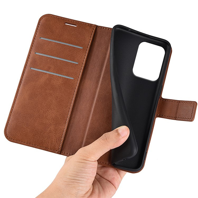For Oppo Reno13 F 5G Stand Case Anti-Scratch Calf Texture Leather Phone Cover - Light Brown