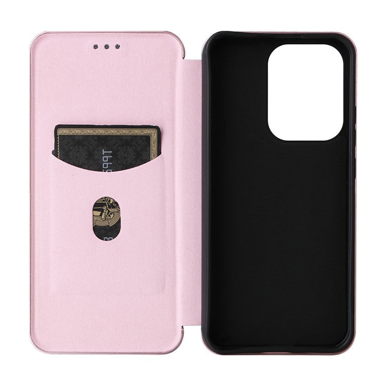 For Oppo Reno13 5G (Global) Case Carbon Fiber Texture Drop-Proof PU Leather Phone Cover - Rose Gold