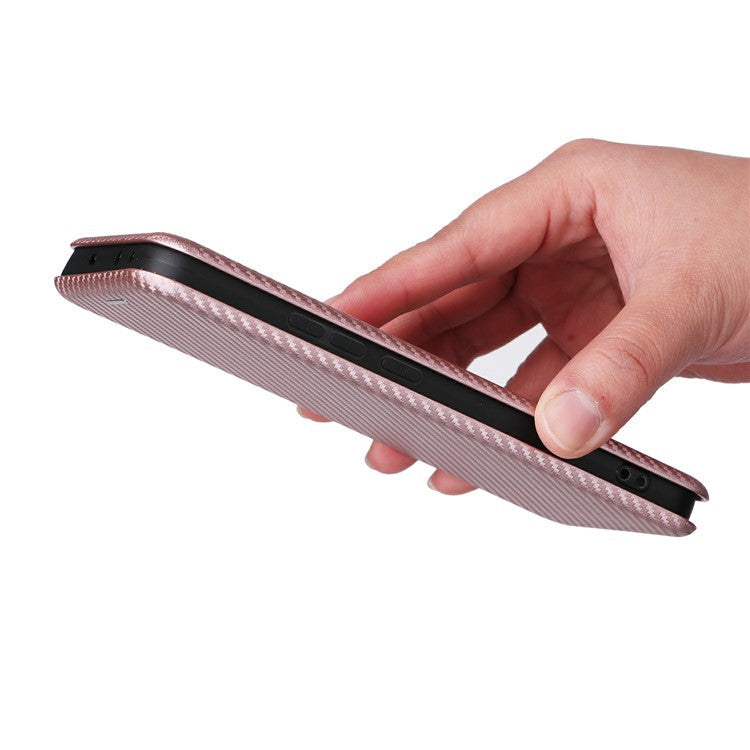 For Oppo Reno13 5G (Global) Case Carbon Fiber Texture Drop-Proof PU Leather Phone Cover - Rose Gold