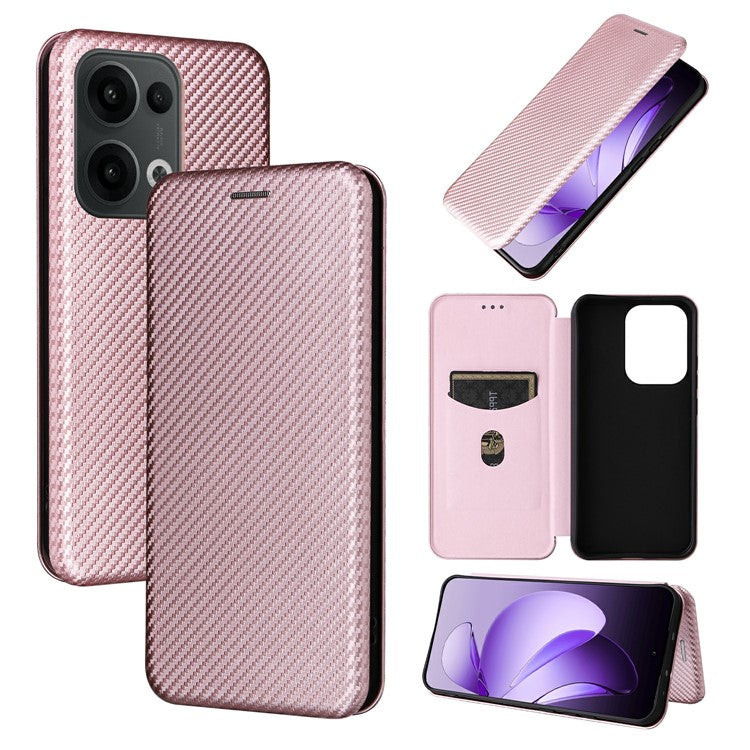 For Oppo Reno13 5G (Global) Case Carbon Fiber Texture Drop-Proof PU Leather Phone Cover - Rose Gold