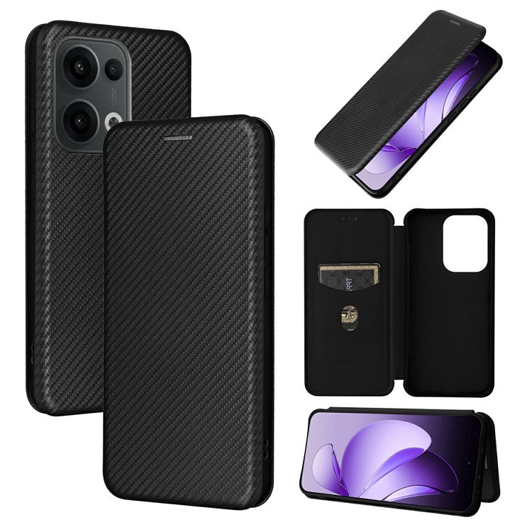 For Oppo Reno13 5G (Global) Case Carbon Fiber Texture Drop-Proof PU Leather Phone Cover - Black