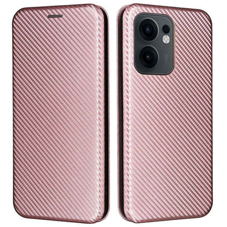 For Oppo Reno13 F 5G Case Carbon Fiber Texture Drop-Proof PU Leather Phone Cover - Rose Gold