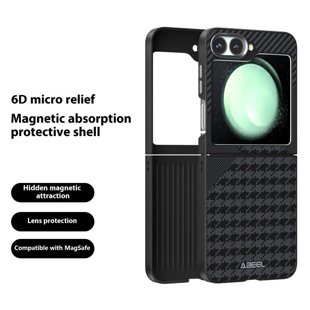 ABEEL For Samsung Galaxy Z Flip7 FE 5G / Z Flip6 5G Case Compatible with MagSafe Micro-Embossing PC TPU Aluminum Alloy Leather Phone Cover