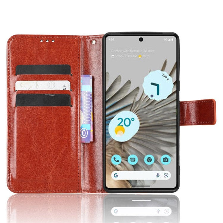 For Google Pixel 7 5G Magnetic Clasp Protective Phone Case Foldable Stand Crazy Horse Texture PU Leather Wallet Cover - Brown