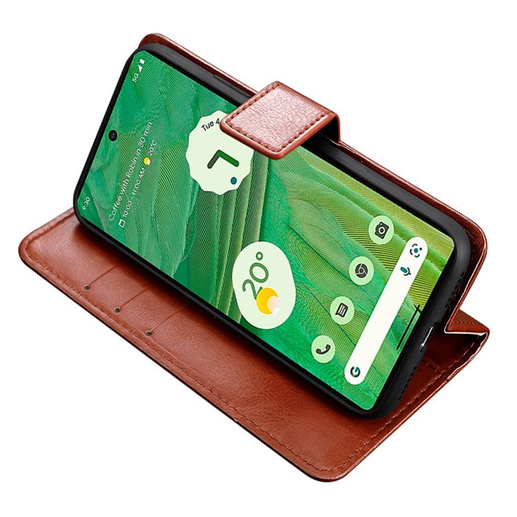 For Google Pixel 7 5G Magnetic Clasp Protective Phone Case Foldable Stand Crazy Horse Texture PU Leather Wallet Cover - Brown