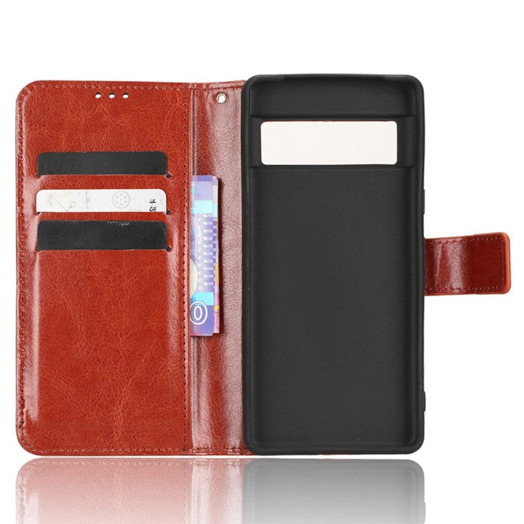 For Google Pixel 7 5G Magnetic Clasp Protective Phone Case Foldable Stand Crazy Horse Texture PU Leather Wallet Cover - Brown