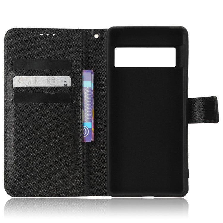 For Google Pixel 7 5G Anti-wear Phone Case Diamond Texture PU Leather Cellphone Flip Wallet Cover with Stand - Black