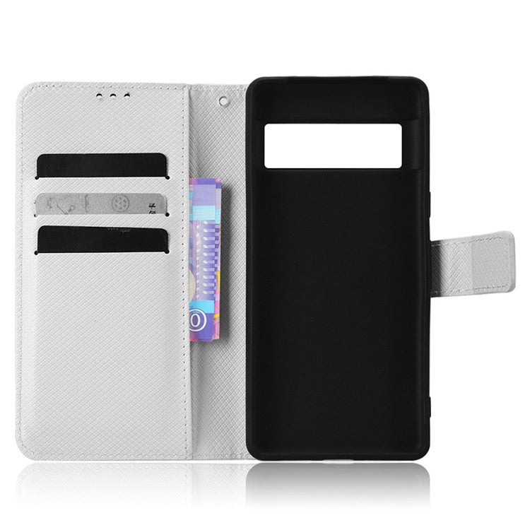 For Google Pixel 7 5G Anti-wear Phone Case Diamond Texture PU Leather Cellphone Flip Wallet Cover with Stand - White