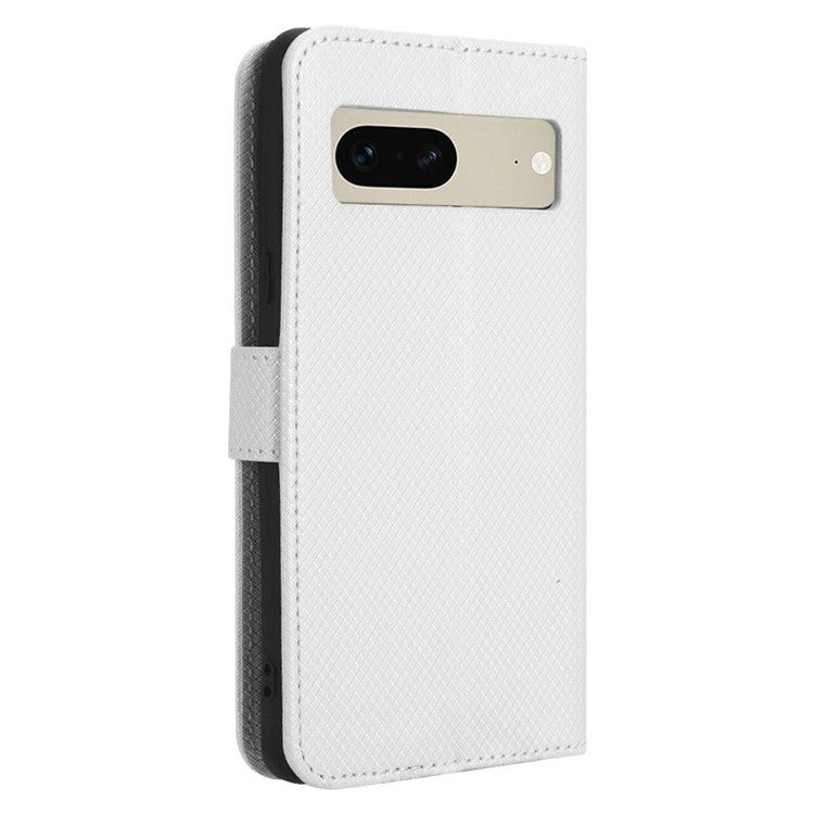 For Google Pixel 7 5G Anti-wear Phone Case Diamond Texture PU Leather Cellphone Flip Wallet Cover with Stand - White