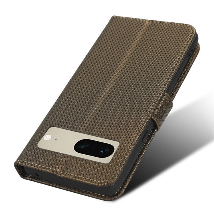 For Google Pixel 7 5G Anti-wear Phone Case Diamond Texture PU Leather Cellphone Flip Wallet Cover with Stand - Brown