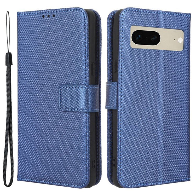 For Google Pixel 7 5G Anti-wear Phone Case Diamond Texture PU Leather Cellphone Flip Wallet Cover with Stand - Blue