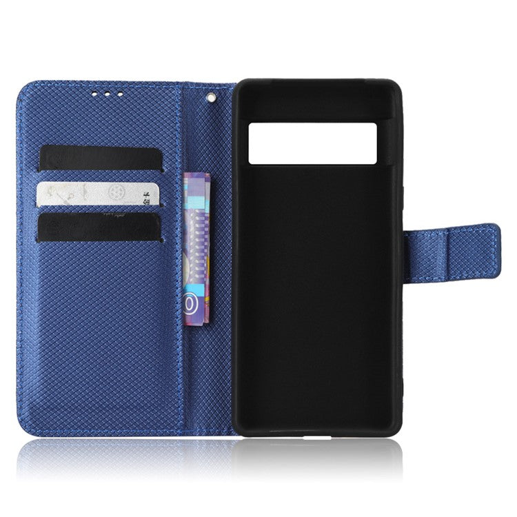 For Google Pixel 7 5G Anti-wear Phone Case Diamond Texture PU Leather Cellphone Flip Wallet Cover with Stand - Blue