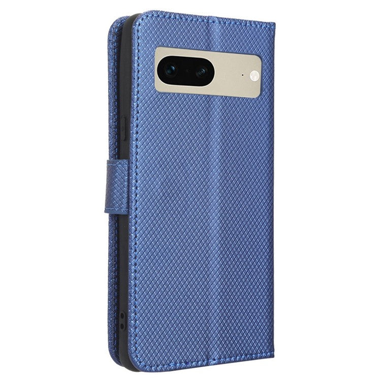 For Google Pixel 7 5G Anti-wear Phone Case Diamond Texture PU Leather Cellphone Flip Wallet Cover with Stand - Blue
