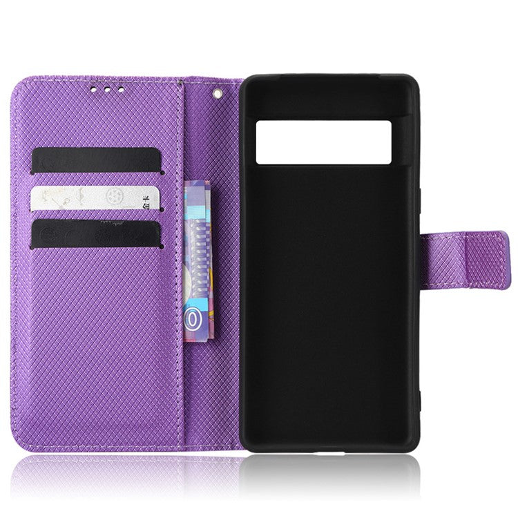 For Google Pixel 7 5G Anti-wear Phone Case Diamond Texture PU Leather Cellphone Flip Wallet Cover with Stand - Purple