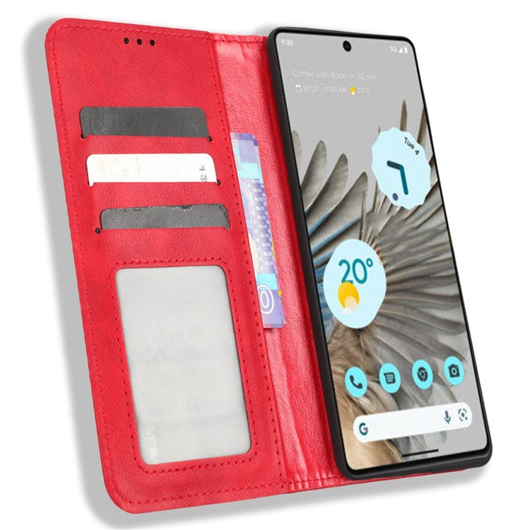 Cell Phone Cover For Google Pixel 7 5G, Wallet Case Magnetic Auto Closing PU Leather Retro Imprint Pattern Anti-Srcratch Phone Shell with Stand - Red