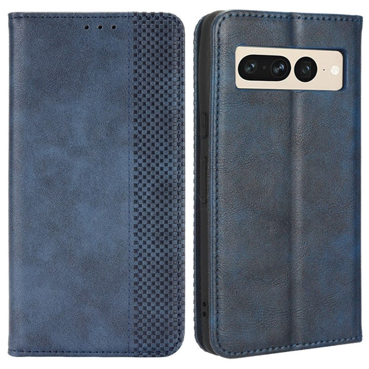 For Google Pixel 7 Pro 5G Retro Imprint Pattern Magnetic Auto Closing Phone Case Anti-shock Folio Flip Leather Wallet Cover with Stand - Blue