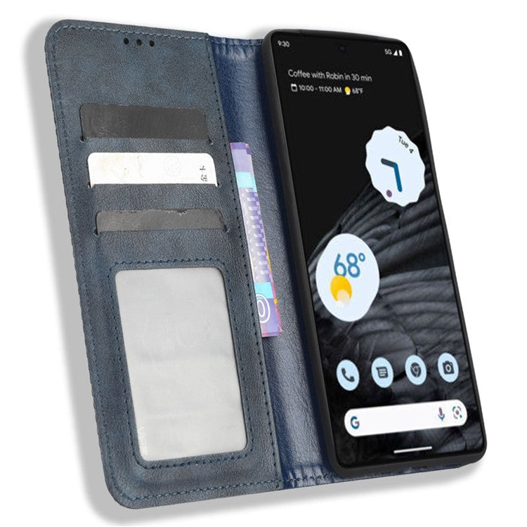 For Google Pixel 7 Pro 5G Retro Imprint Pattern Magnetic Auto Closing Phone Case Anti-shock Folio Flip Leather Wallet Cover with Stand - Blue