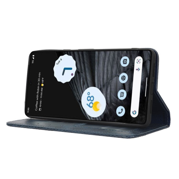 For Google Pixel 7 Pro 5G Retro Imprint Pattern Magnetic Auto Closing Phone Case Anti-shock Folio Flip Leather Wallet Cover with Stand - Blue