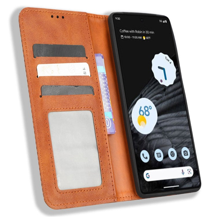 For Google Pixel 7 Pro 5G Retro Imprint Pattern Magnetic Auto Closing Phone Case Anti-shock Folio Flip Leather Wallet Cover with Stand - Brown