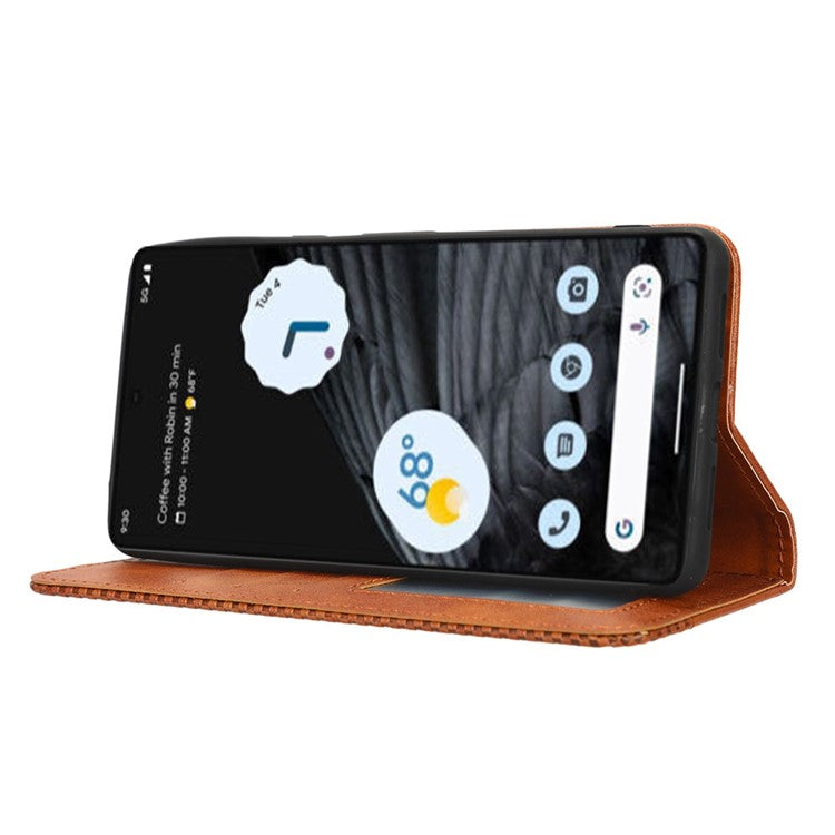 For Google Pixel 7 Pro 5G Retro Imprint Pattern Magnetic Auto Closing Phone Case Anti-shock Folio Flip Leather Wallet Cover with Stand - Brown