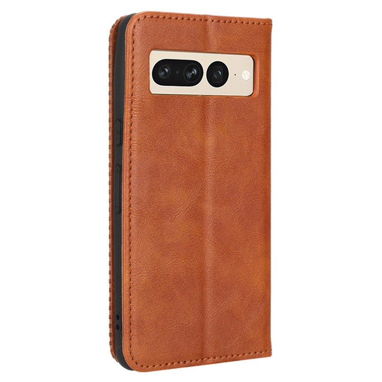 For Google Pixel 7 Pro 5G Retro Imprint Pattern Magnetic Auto Closing Phone Case Anti-shock Folio Flip Leather Wallet Cover with Stand - Brown
