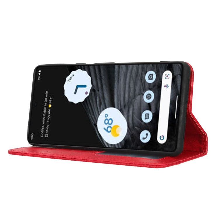For Google Pixel 7 Pro 5G Retro Imprint Pattern Magnetic Auto Closing Phone Case Anti-shock Folio Flip Leather Wallet Cover with Stand - Red