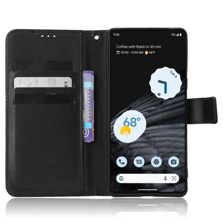 For Google Pixel 7 Pro 5G Drop-proof Cell Phone Cover Diamond Texture Phone Folio Flip Leather Wallet Case with Stand - Black