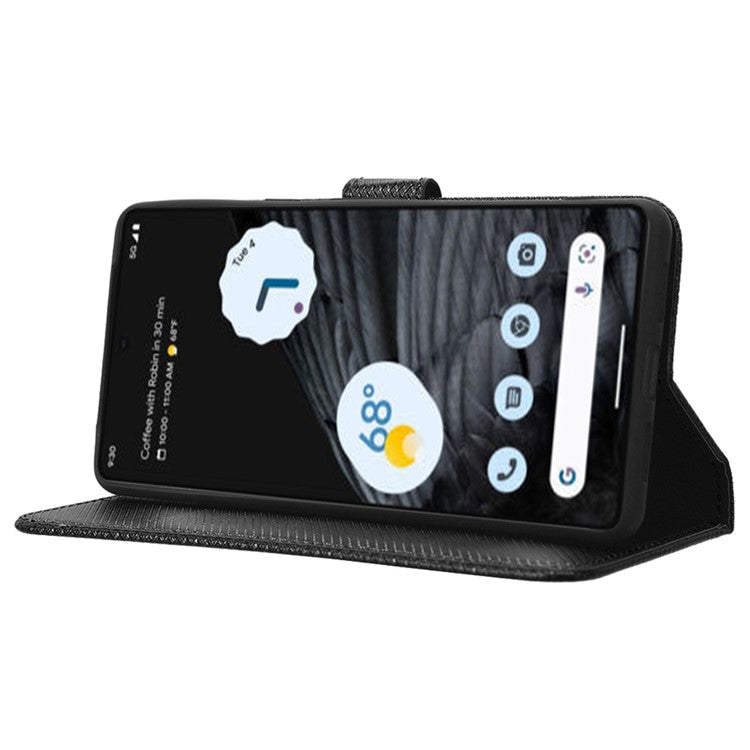 For Google Pixel 7 Pro 5G Drop-proof Cell Phone Cover Diamond Texture Phone Folio Flip Leather Wallet Case with Stand - Black