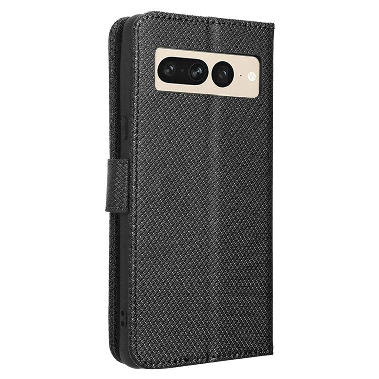 For Google Pixel 7 Pro 5G Drop-proof Cell Phone Cover Diamond Texture Phone Folio Flip Leather Wallet Case with Stand - Black