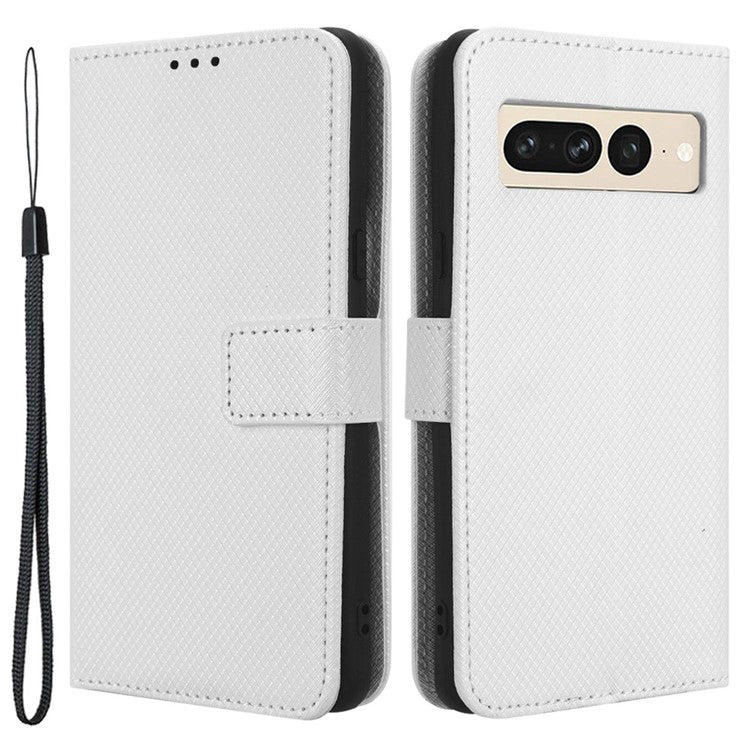 For Google Pixel 7 Pro 5G Drop-proof Cell Phone Cover Diamond Texture Phone Folio Flip Leather Wallet Case with Stand - White