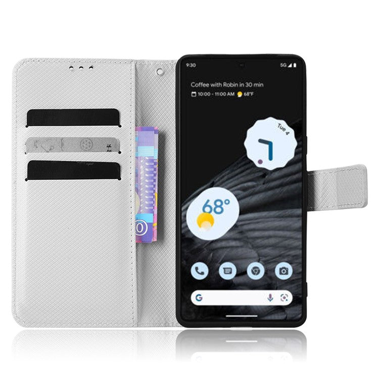 For Google Pixel 7 Pro 5G Drop-proof Cell Phone Cover Diamond Texture Phone Folio Flip Leather Wallet Case with Stand - White
