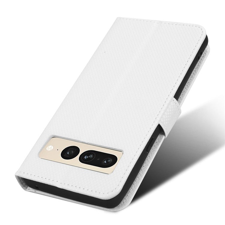 For Google Pixel 7 Pro 5G Drop-proof Cell Phone Cover Diamond Texture Phone Folio Flip Leather Wallet Case with Stand - White