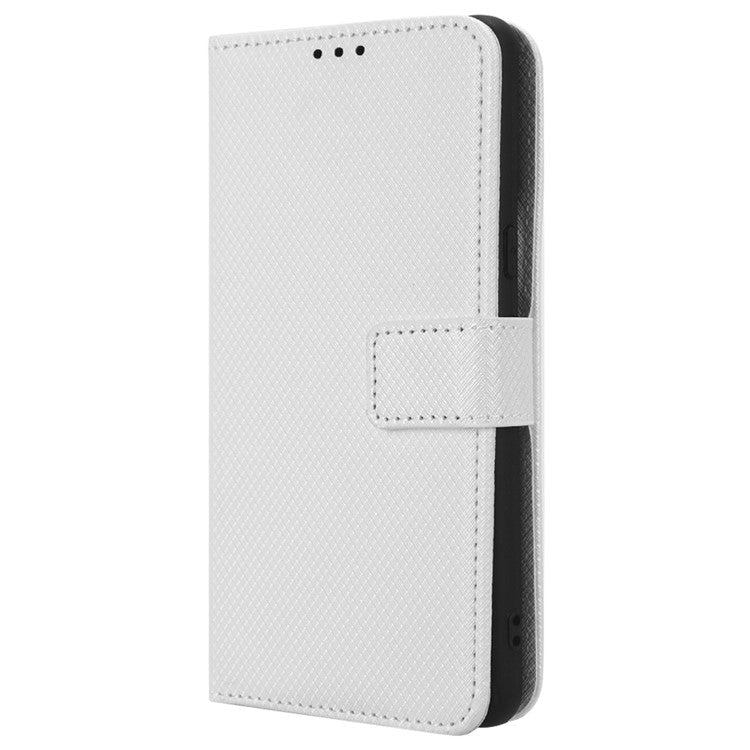 For Google Pixel 7 Pro 5G Drop-proof Cell Phone Cover Diamond Texture Phone Folio Flip Leather Wallet Case with Stand - White