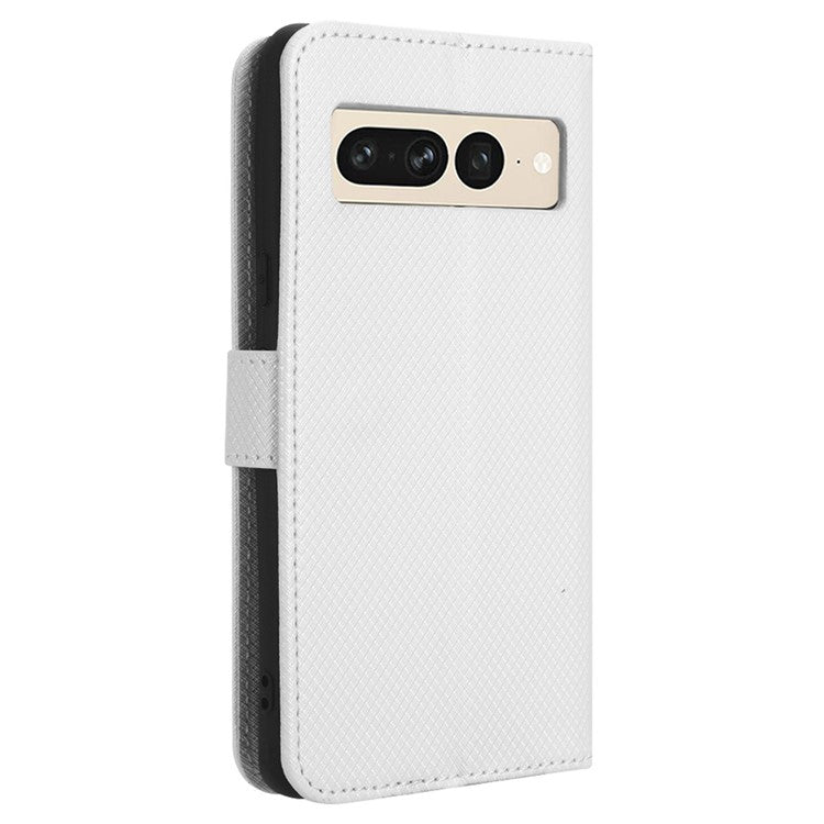 For Google Pixel 7 Pro 5G Drop-proof Cell Phone Cover Diamond Texture Phone Folio Flip Leather Wallet Case with Stand - White