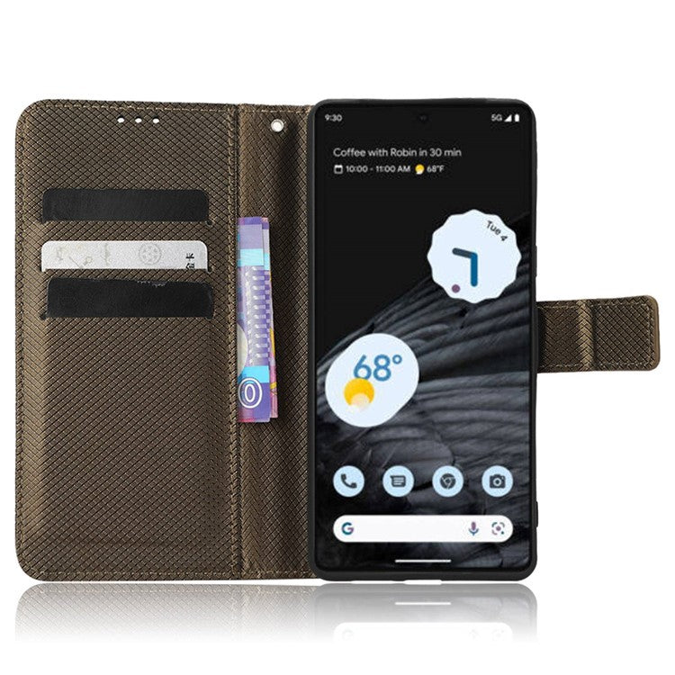 For Google Pixel 7 Pro 5G Drop-proof Cell Phone Cover Diamond Texture Phone Folio Flip Leather Wallet Case with Stand - Brown