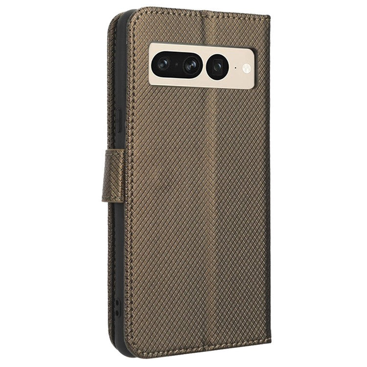 For Google Pixel 7 Pro 5G Drop-proof Cell Phone Cover Diamond Texture Phone Folio Flip Leather Wallet Case with Stand - Brown
