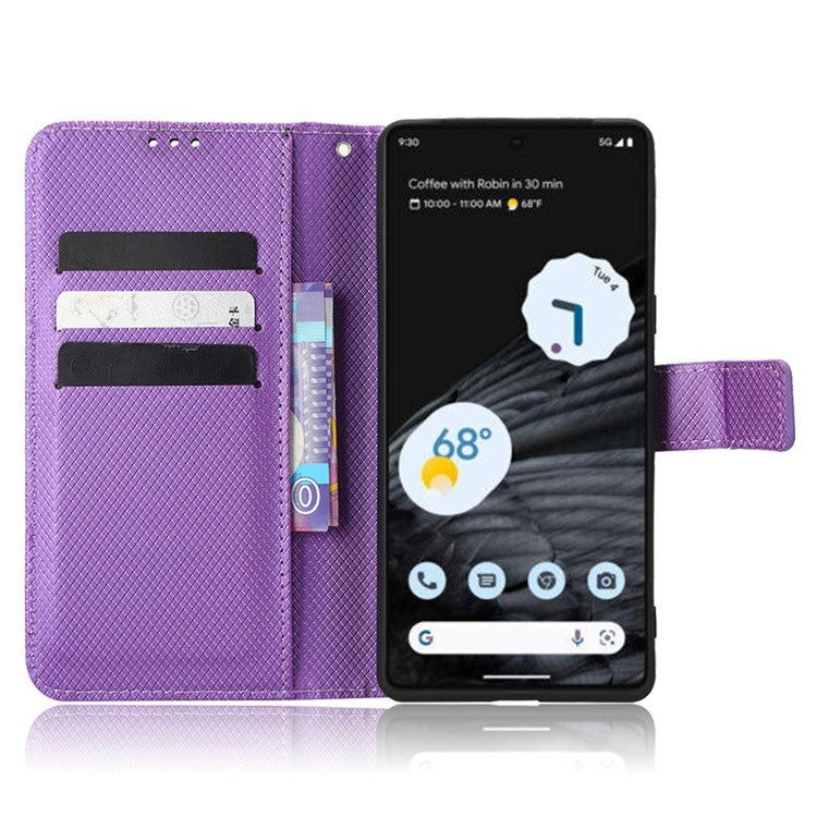 For Google Pixel 7 Pro 5G Drop-proof Cell Phone Cover Diamond Texture Phone Folio Flip Leather Wallet Case with Stand - Purple
