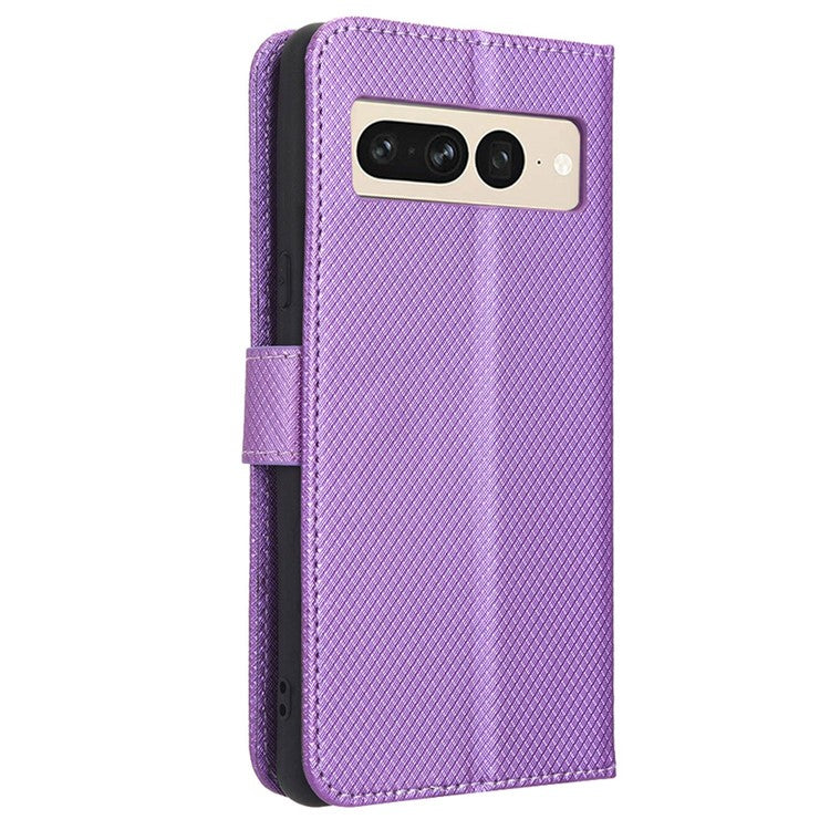 For Google Pixel 7 Pro 5G Drop-proof Cell Phone Cover Diamond Texture Phone Folio Flip Leather Wallet Case with Stand - Purple