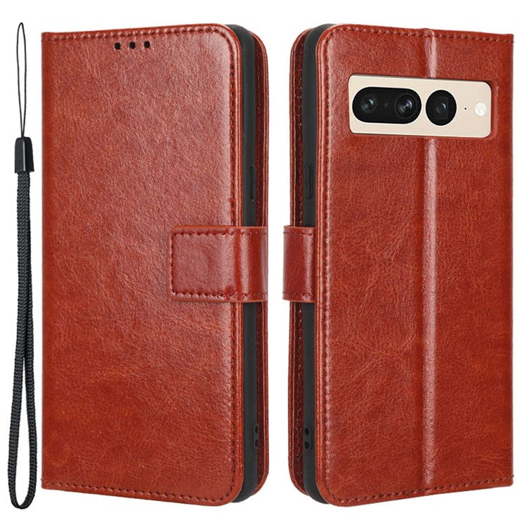 Anti-fall Phone Case For Google Pixel 7 Pro 5G, PU Leather Crazy Horse Texture Magnetic Clasp Full Protection Phone Wallet Cover with Stand - Brown