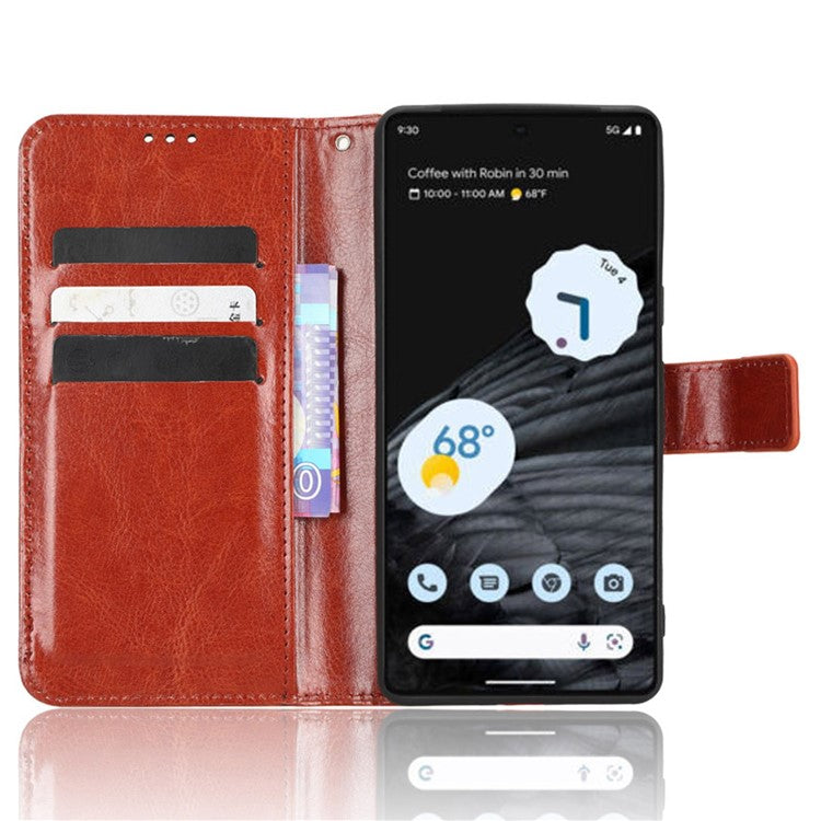 Anti-fall Phone Case For Google Pixel 7 Pro 5G, PU Leather Crazy Horse Texture Magnetic Clasp Full Protection Phone Wallet Cover with Stand - Brown