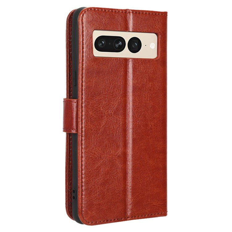 Anti-fall Phone Case For Google Pixel 7 Pro 5G, PU Leather Crazy Horse Texture Magnetic Clasp Full Protection Phone Wallet Cover with Stand - Brown