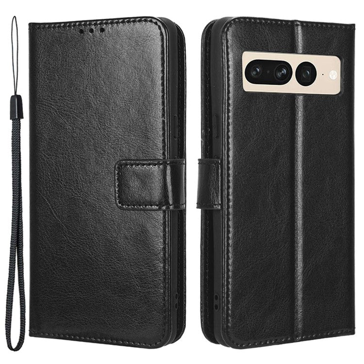 Anti-fall Phone Case For Google Pixel 7 Pro 5G, PU Leather Crazy Horse Texture Magnetic Clasp Full Protection Phone Wallet Cover with Stand - Black
